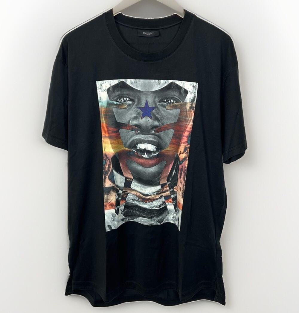 Givenchy Riccardo Tisci Racer T-Shirt Mens XL Black SS 2014 Tribal Graphic Print